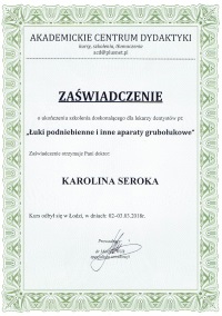 Karolina Seroka ukończyła szkolenie pt: Łuki podniebienne i inne aparaty grubołukowe