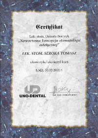 Certyfikat ukończenia kursu przez Tomasza Seroka: Nowoczesna koncepcja stomatologii estetycznej