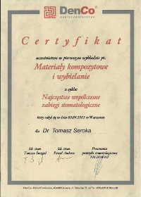 Certyfikat uczestnictwa w pierwszym wykładzie pt: Materiały kompozytowe i wybielanie z cyklu: najczęstsze współczesne zabiegi stomatoloogiczne dla dr. Tomasza Seroka